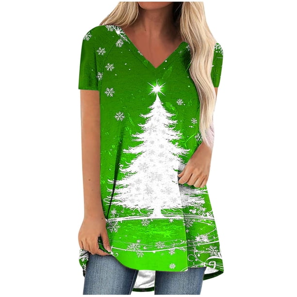 Camiseta Impresa con Cuello en V de Manga de Raglan de la Parte Trasera Larga Delantera Corta de las Mujeres de Navidad, Vacaciones Informales