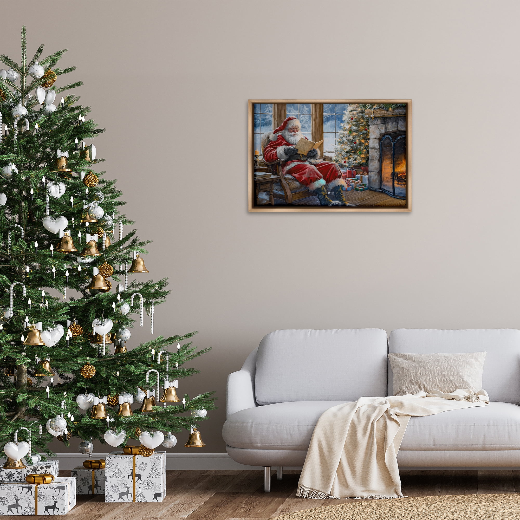 Stupell Industries Santa Reading by Fire Holiday Painting Brown Floater Framed Canvas Art Prints Wall Art, 31 x 21