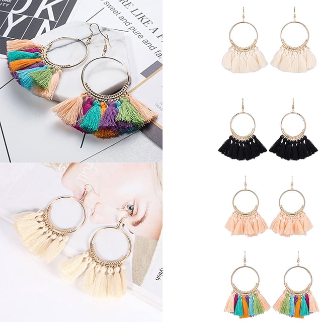 Boucle d'Oreille Ronde Ronde Ronde Sans Allergie Pompon Ronde Bohème Style Fil Coloré Pompon Pendentifs Boucle d'Oreille