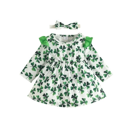 

Sunisery St. Patrick s Day Toddler Baby Girls Dress Long Sleeve Clover Print Princess A-Line Dress + Headband 2Pcs Sets Green 3-6 Months