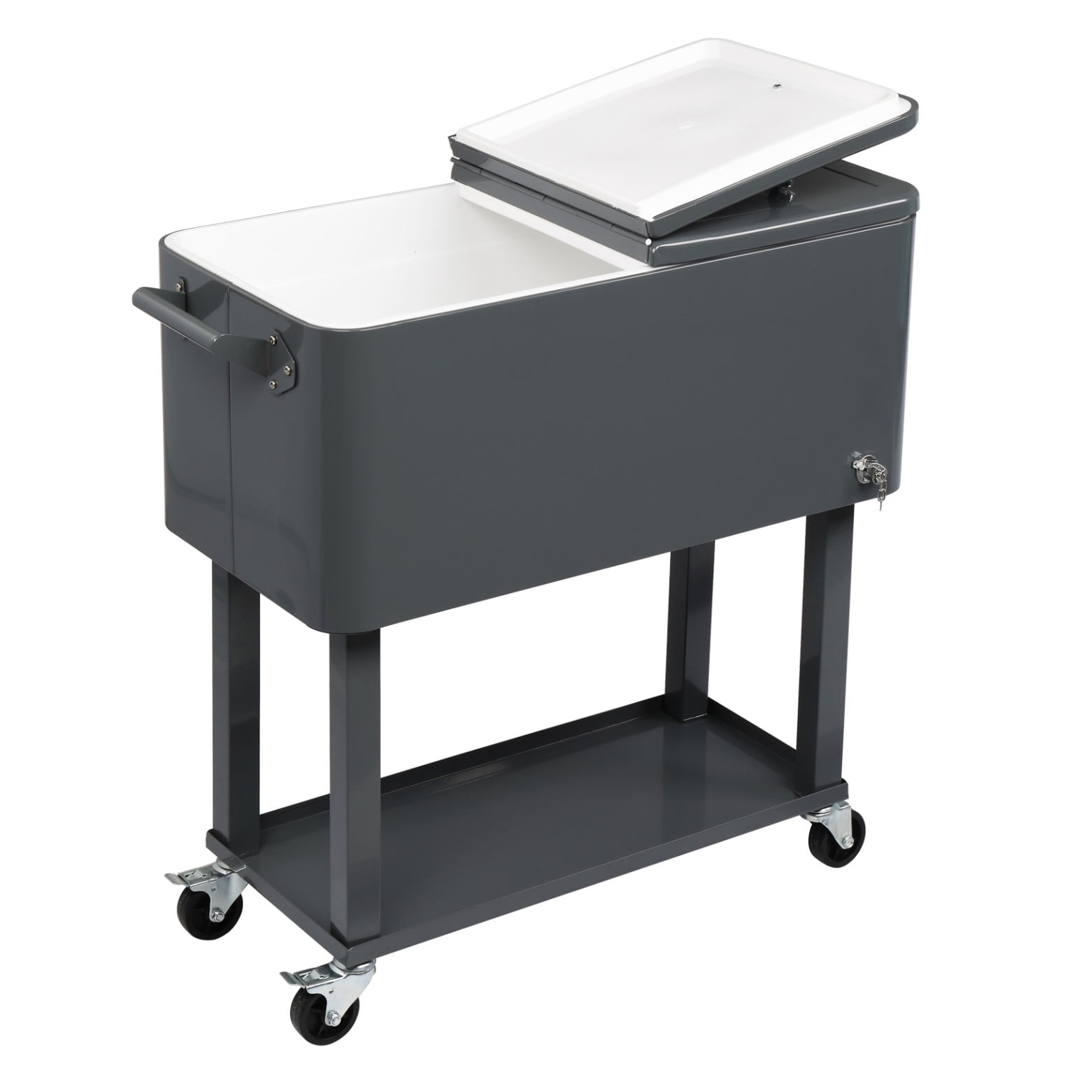 80QT Insulated Cooler Cart, Rectangular Plastic Refrigeration with Opener and Cap Catcher, 2 Side Handles, Cooling 48 Hours, for Outdoor, Dark Grey