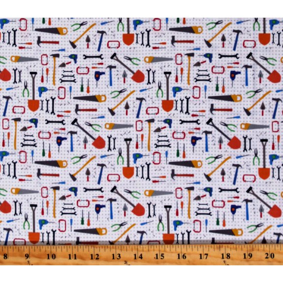 Cotton Tools Tool Wall Builder Construction Play Zone Kids White Cotton Fabric Print by the Yard (Y3274-1WHITE)