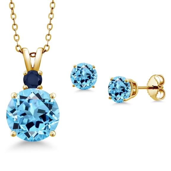 Gem Stone King 18K Yellow Gold Plated Silver Round Swiss Blue Topaz and Blue Sapphire Pendant and Earrings Jewelry Set for Women (6.08 Cttw, Gemstone Birthstone, with 18 inch Chain)