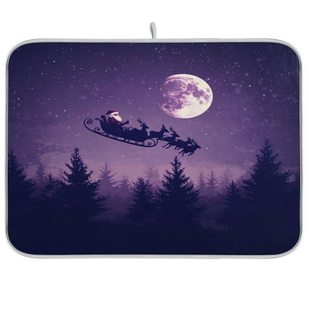 

Santa Claus Flying in His Sleigh Kitchen Drying Mat Heat Resistant Drainage with Non-Slip Rubber Backing Hides Stains Super Absorbent Easy to Clean 18×24in