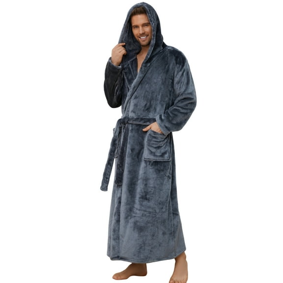 VULCANODON Mens Big and Tall Robe with Hooded, Full Length Thickened Plush Bathrobe (Dark Grey, L/XL)