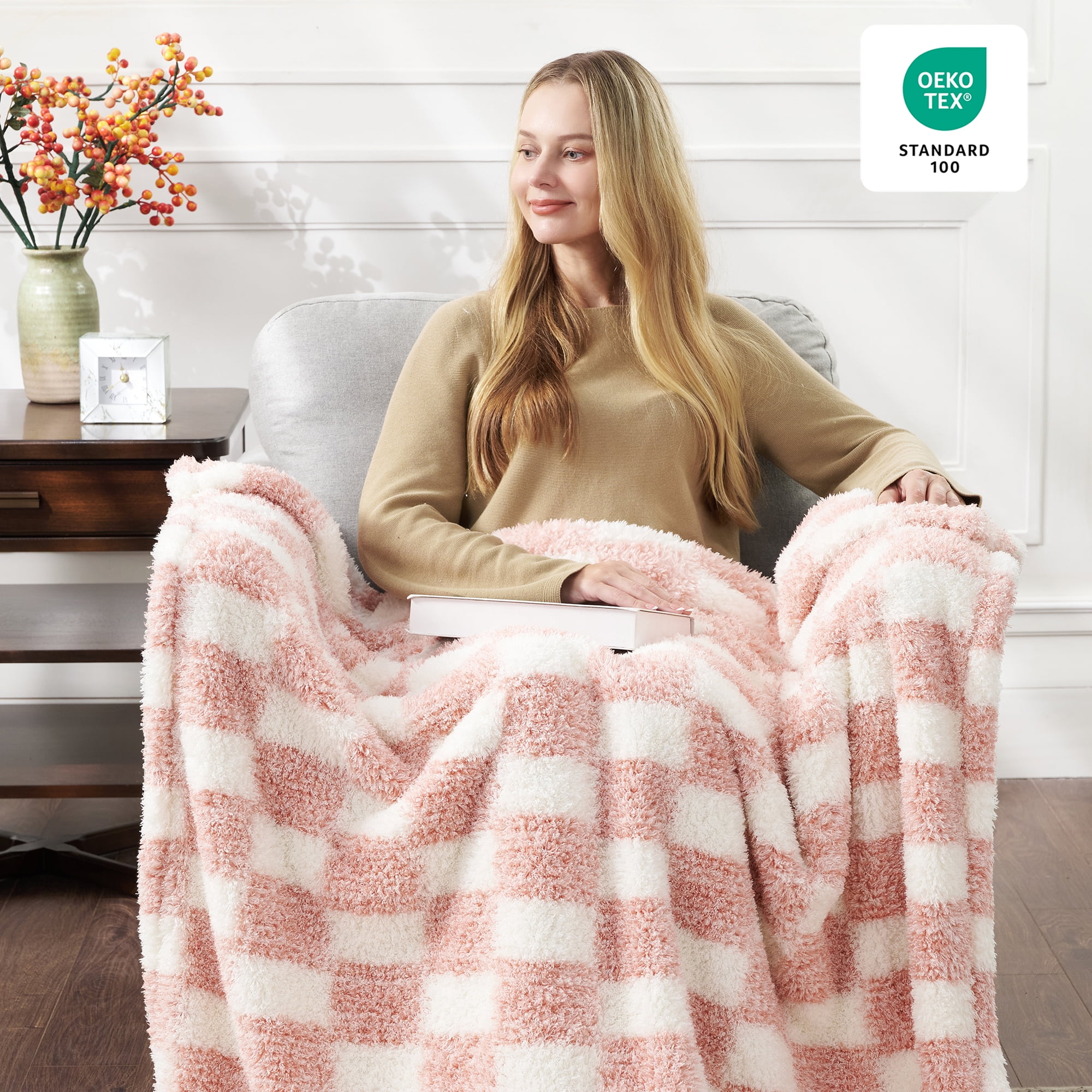 CBCHome Checkered Chenille Furry Throw Blanket – Soft Plush Cozy Dorm Room Essential, for Sofa and Bed, Graduation Gift for Her and Teens (Dusty Pink, 50"x60")