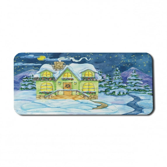 Winter Computer Mouse Pad, Christmas House Covered in Snow Along Moon Sky Village Pine Trees Merry Landscape, Rectangle Non-Slip Rubber Mousepad X-Large, 35" x 15", Multicolor, by Ambesonne