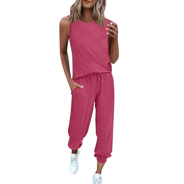 Hauts d'Été à Manches Courtes pour Femmes Couleur Unie Col Rond Sans Manches avec Poche Taille Élastique Pantalon à Cordon