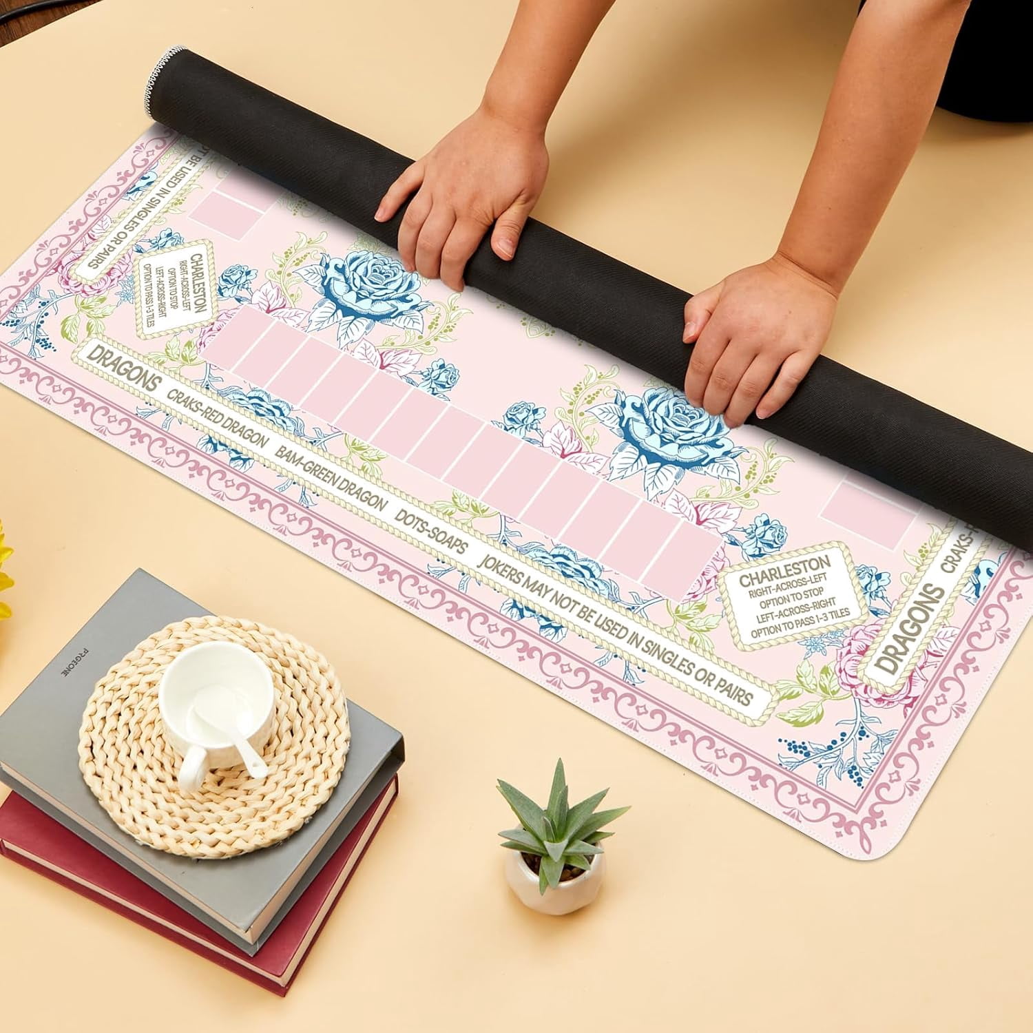 Chinoiserie Mahjong Mat with Black Carrying Bag 31.5 x 31.5 in Multi Purpose Game Table Cover Anti Slip and Noise Reduction for Mahjong Poker Board Card Dominoes Games(Pink Blue Green)