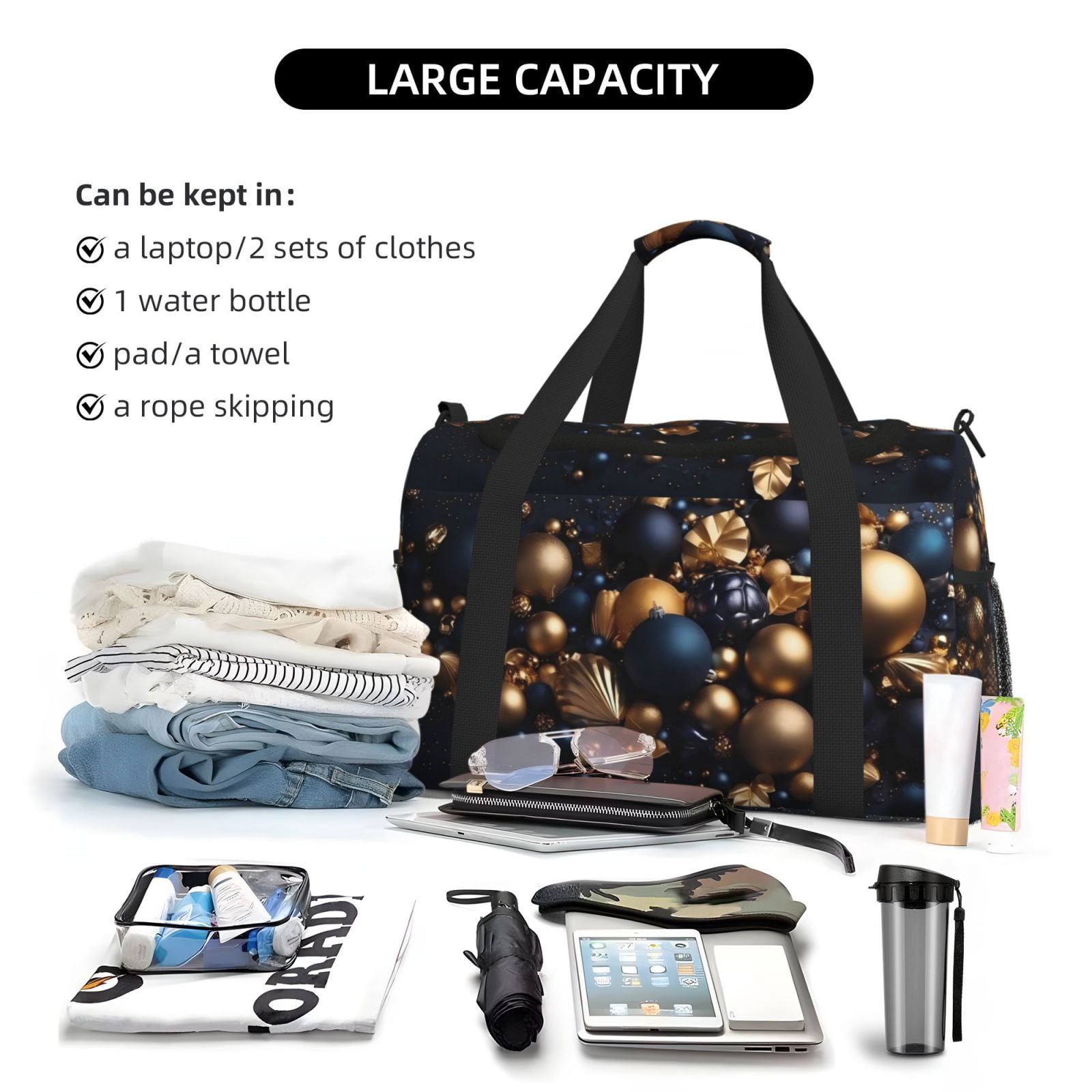 Fuzoiu Elegant Golden Blue Ornaments Print Travel Duffle Bag,Carry On Tote Bags,Duffel Bag,Sport Gym Bag, Hospital Bag for Labor and Delivery, Overnight Bag,Luggage Bag