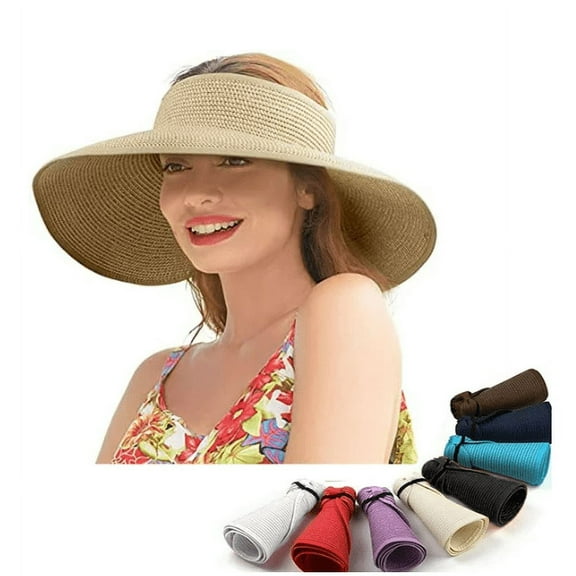 Yirtree Women's UPF 50  Wide Brim Roll-up Straw Sun Hat Sun Visor Summer Wide Brim Roll Up Foldable Sun Beach Straw Braid Visor Su