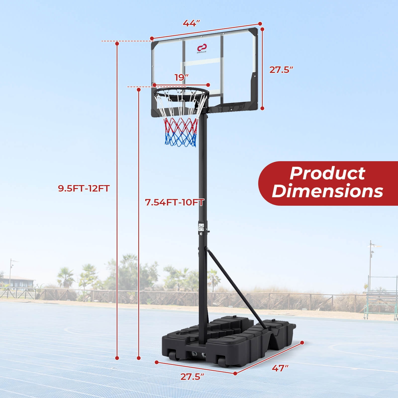 Costway 10 FT Foldable Basketball Hoop with Fillable Base, Wheels & Shatterproof Backboard