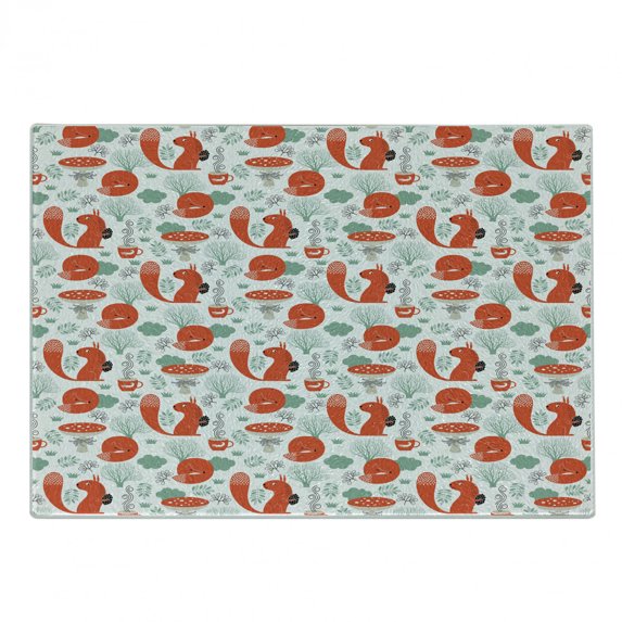 Fox Cutting Board, Small Forest Animal Pattern with Foliage Leaves and Mushroom Winter Nature, Decorative Tempered Glass Cutting and Serving Board, Small Size, Dark Coral Almond Green, by Ambesonne