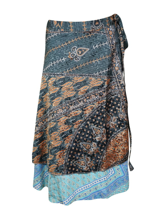 Mogul Women Gray,Blue Magic Wrap Skirt 2 Layer Printed Vintage Sari Reversible Summer Wrap Around Skirts