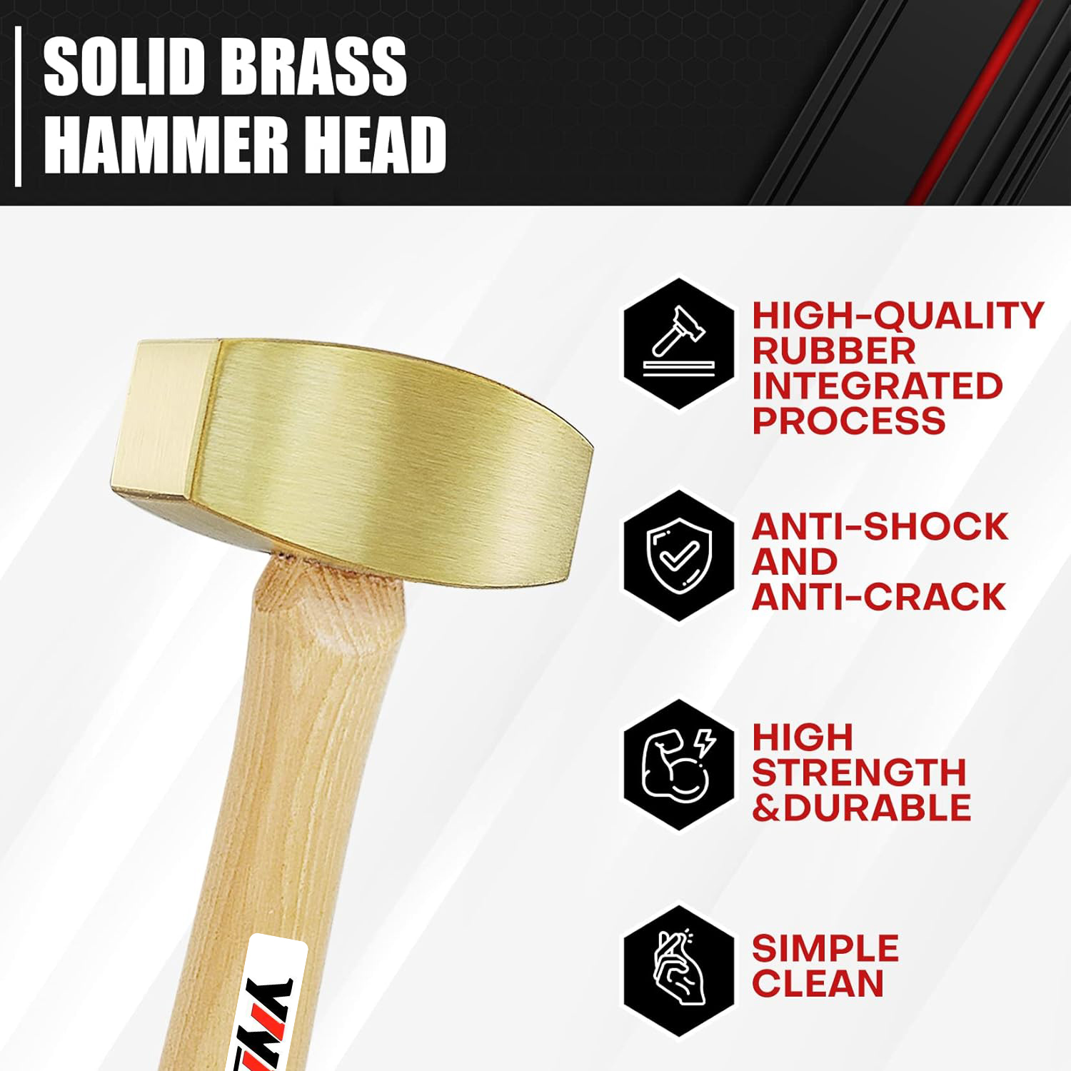 YIYITOOLS 2lb Solid Brass Non-Sparking Mallet Hammer, Hickory Wood Handle
