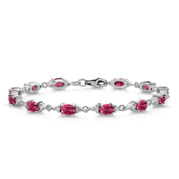 Gem Stone King 925 Sterling Silver Pink Tourmaline and White Moissanite Tennis Bracelet for Women (6.61 Cttw, Gemstone Birthstone, Oval 6X4MM, 6.5 inch)