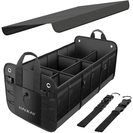 HAOKAY Premium Car Trunk Organizer with Lid, Multi Compartments Collapsible Portable Car Trunk Storage Organizer, 3 compartments Cargo Storage with Straps. (3 COMPARTMANTS, BLACK)
