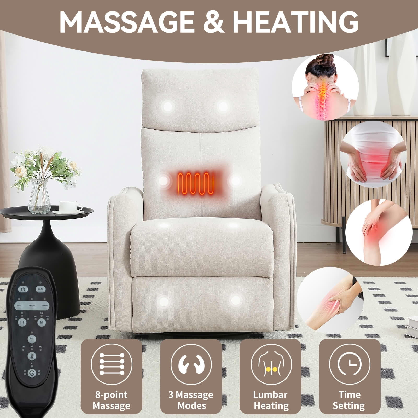 MAYEERTY Beige Heat Massage Recliner Chair, 360° Swivel Rocker 27"x36"x40" for Living Room