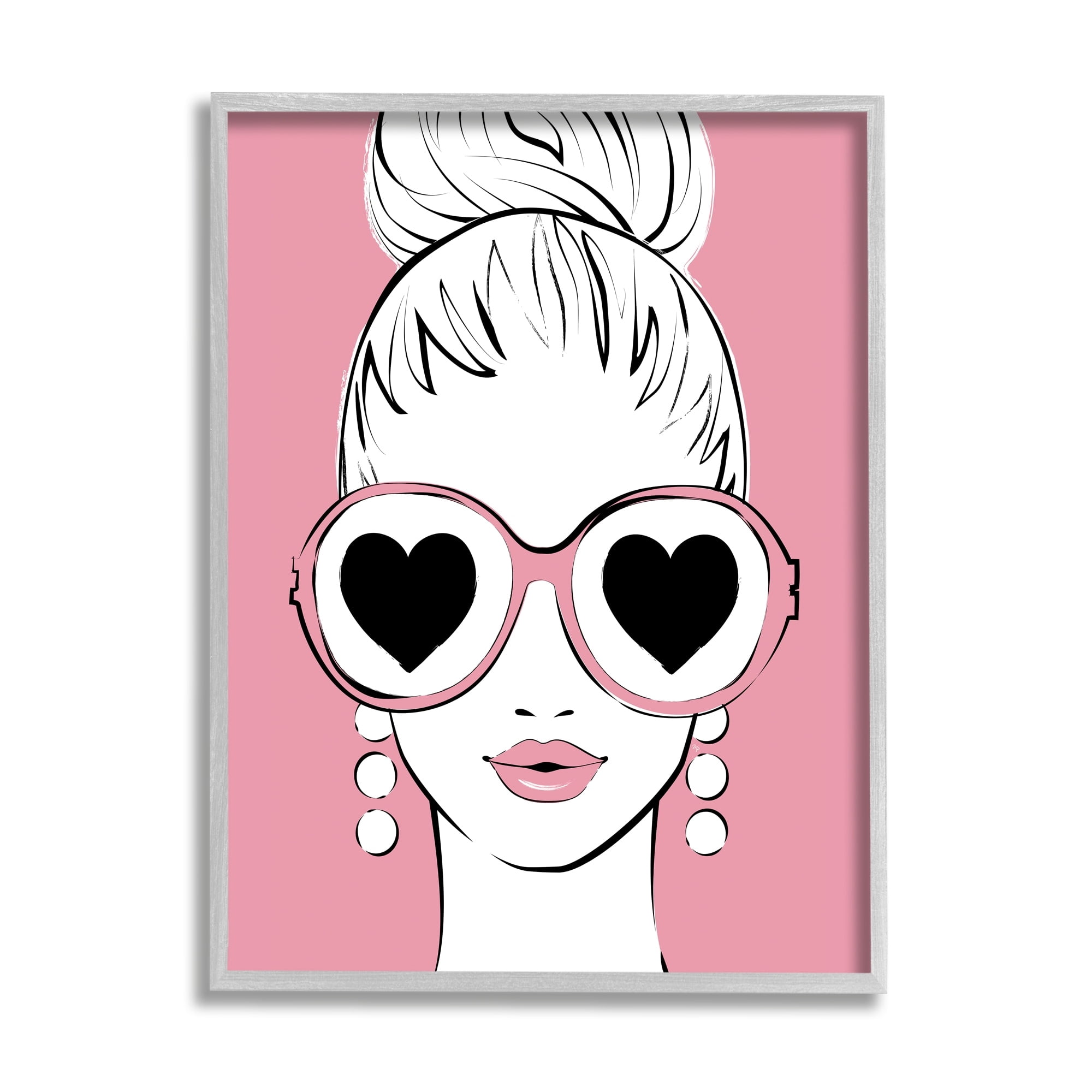 Stupell Industries Fashionable Woman Heart Sunglasses Pink Glam Drawing Graphic Art Gray Framed Art Print Wall Art, Design by Martina Pavlova