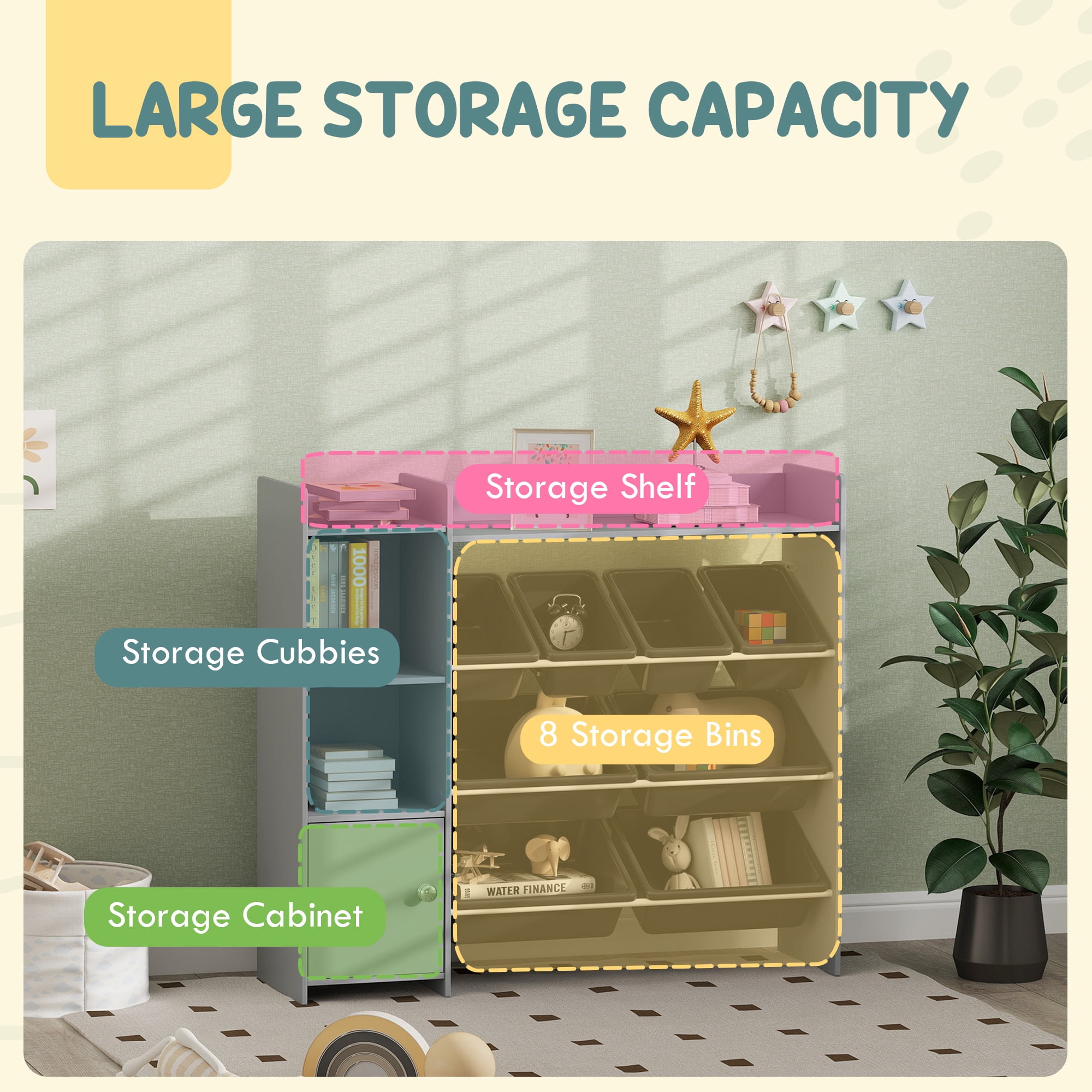 Qaba Toy Storage Organizer, Toy Organizer with 8 Bins, 2 Storage Cubbies, Shelf, Drawer, for Kids Room, Playroom, Nursery, Gray