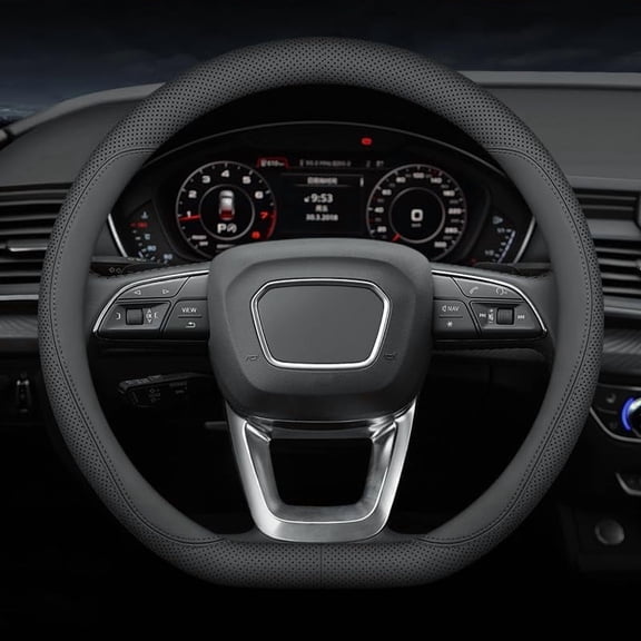 Nappa Leather Steering Wheel Cover, 15 inch D-Shaped Anti-Slip Breathable Steering Wheel Protector, Car Interior Accessories for Men Women, Black