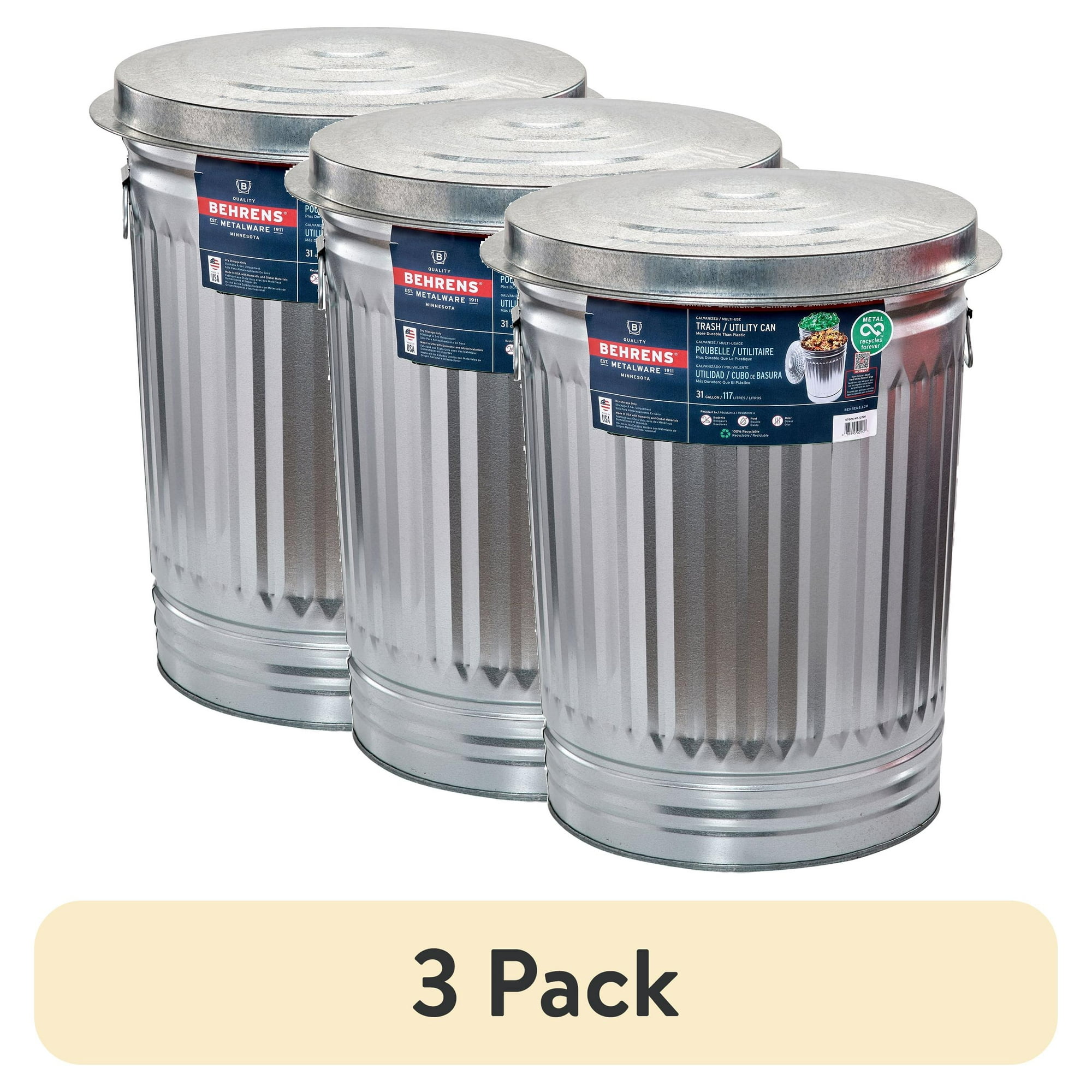 (3 pack) Behrens 31-Gallon Steel Trash Can