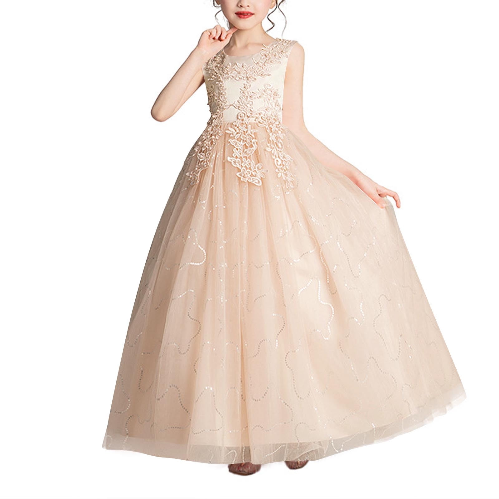 Big Girls Prom Dresses Size 4-14 Sleeveless Crewneck Teens Kids Formal Solid A-Line Layered-Tulle Elegant Graduation Evening Party Maxi Dress