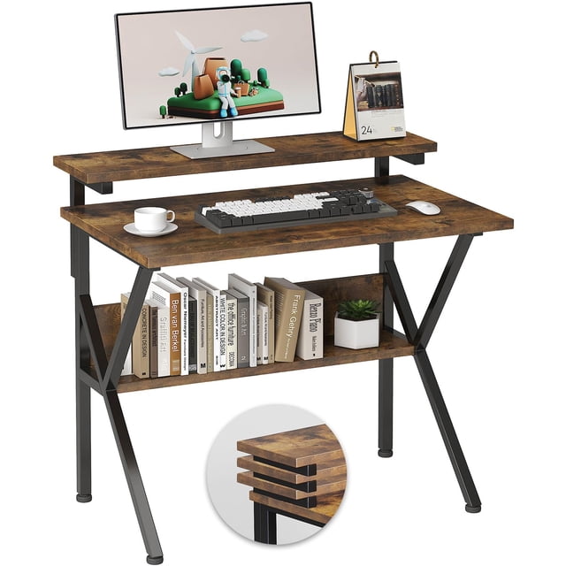 COTUBLR Small Desk 275 Inch Small Computer Desk for Small Spaces Computer Desk with Adjustable Monitor Stand Compact Desk with Storage Tiny Desk Study Desk for Bedroom Home Office Rustic Brown