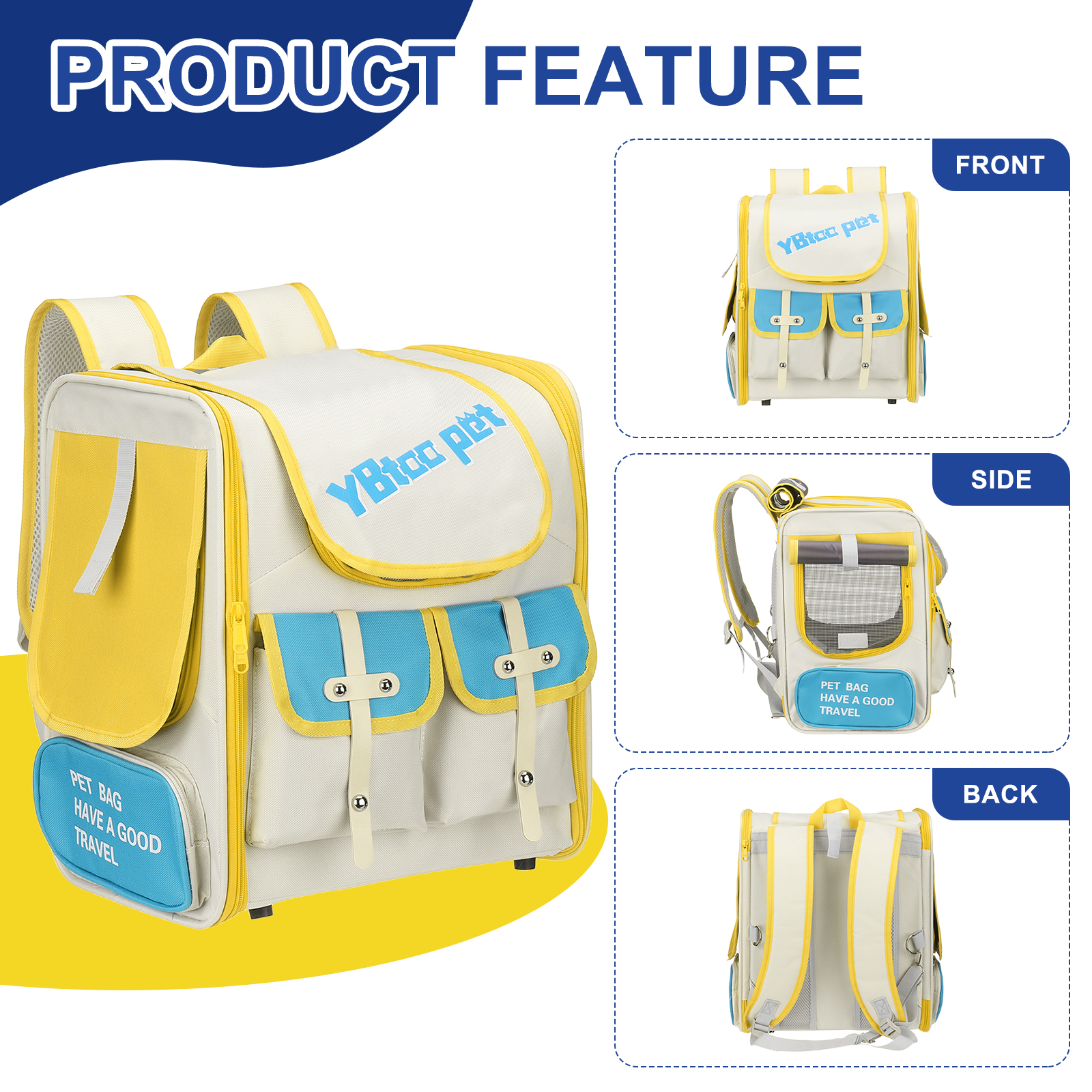 Uxcell Pet Backpack Carrier, Portable and Ventilated, Oxford Cloth, Dogs Cats and Small Animals Travel Bag 16.93", (Beige, Yellow, Blue, 1 Pcs), Intended for Hiking / Camping / Traveling