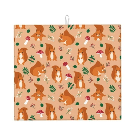 

Xecao Squirrel And Mushroom Print Dish Drying Mat for Kitchen Counter Absorbent Coffee Bar Mat Dish Drainer Rack Mats Dining Room Decoration