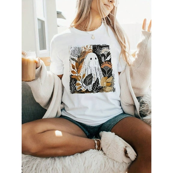 Womens Halloween Pumpkin Ghost Boho Graphic T Shirt Casual Short Sleeve Crew Neck White With Jack O Lantern Design Halloween Shirts220G Heavyweight 100% Cotton T-Shirt,This Offers The Perfect B