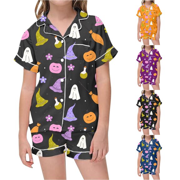 Weebloom Halloween Summer Pajamas For Girls Cute Ghost Soft Satin Pajamas Short Sleeve Button Up Shirt Shorts Cute Printed Holiday Party Tween Sleepwear Nightwear Pjs Loungewear 10-11 Years