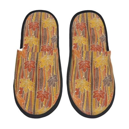 Balery Autumn Maple Leaf Stripes Slient Indoor Furry Fleece Comfort House Shoes Soft Non-Slip Home Shoes Cotton slippers House Slippers-- Medium