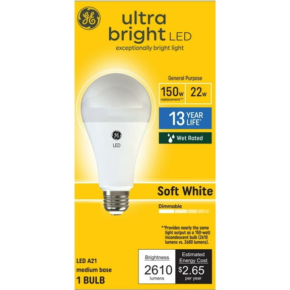 GE Ultra Bright Soft White 150-Watt LED General Purpose A23 Light Bulb, 1-Pack