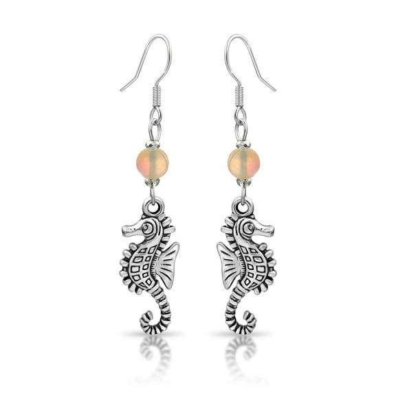 Besheek Sterling Silver and Mermaid Glass Seahorse Boho Beach Gala Earrings