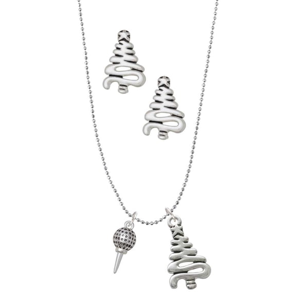 Delight Jewelry Silvertone Small Golf Ball on Tee Silver tone Zig Zag Christmas Tree Charm Necklace and Stud Earrings