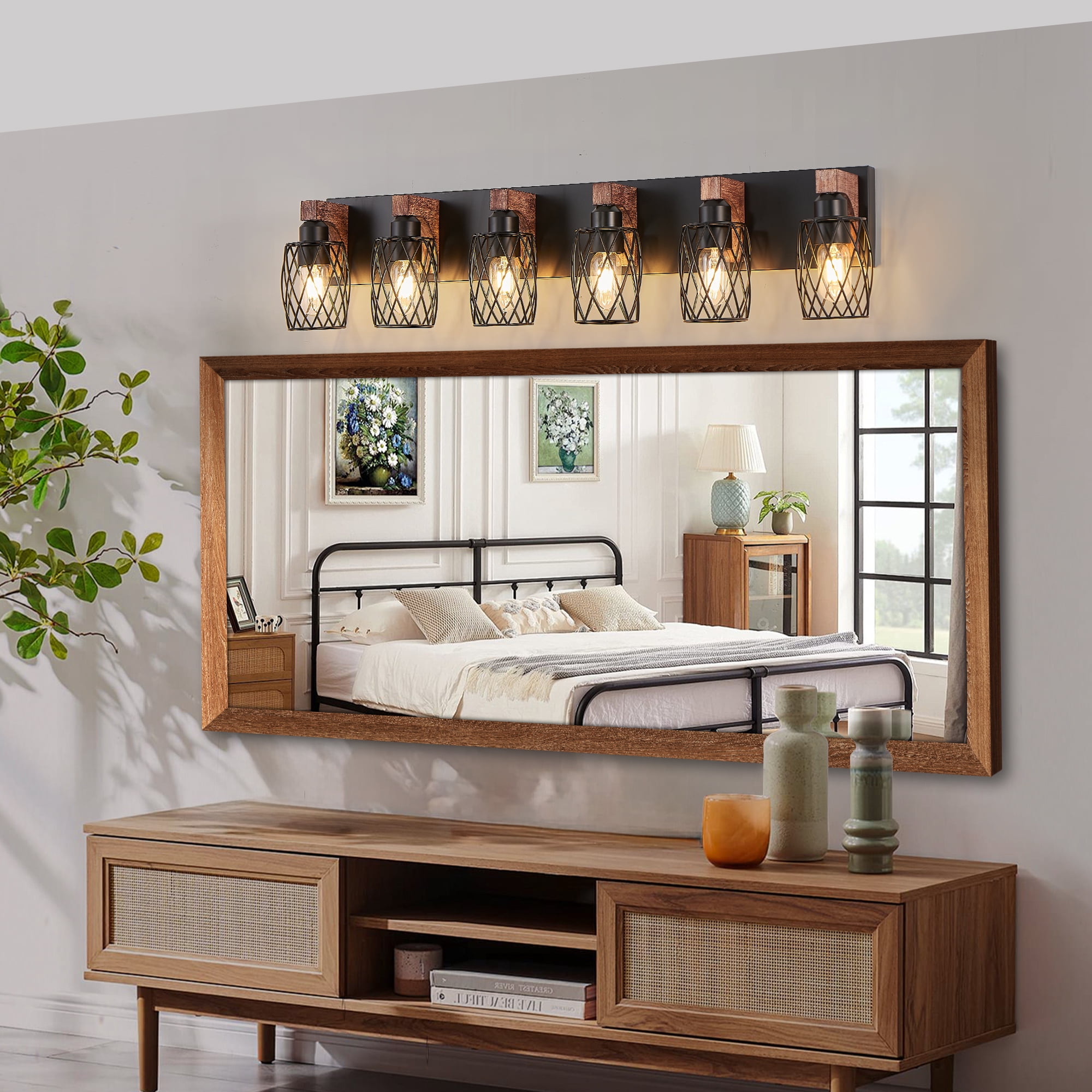 Farmhouse Bathroom Bathroom Vanity Light , 6 Light with Metal and Glass Lampshade, Wood Rustic Lighting Fixtures Over Mirror（37.6inch）