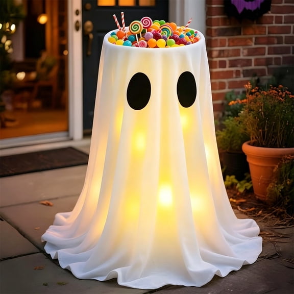 geerera Halloween Light Up Candy Bowl, 30 Inch Ghost Fabric Treat Holder with Warm LED and Remote, Floor Standing Halloween Party Decoration, for Indoor Home Porch Party Supplies