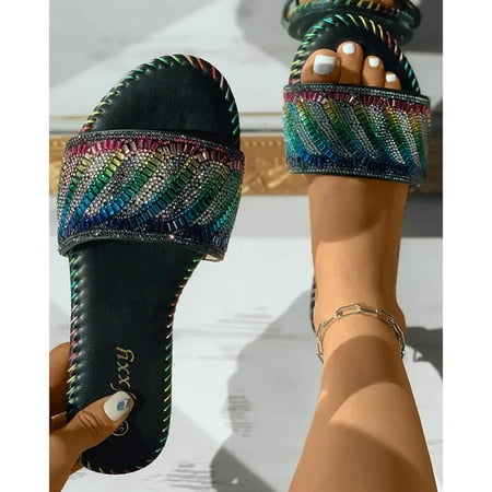 

YTJX Womens Flats Sandals Summer Rhinestone Beaded Dress Shoes Comfortable Crystal Slippers Slip On Slide Sandal Roman Sandals Shoes