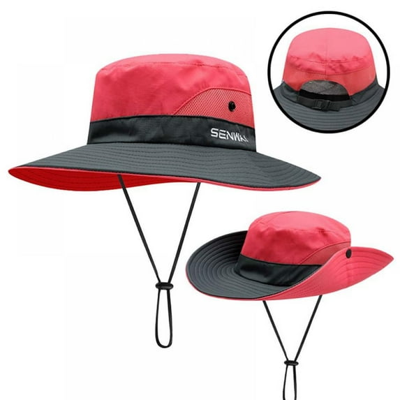 Shengshi Bucket Hat Wide Brim Quick Drying Breathable Packable Foldable Sunshade Sun Ponytail Cap With Chin Strap watermelon red