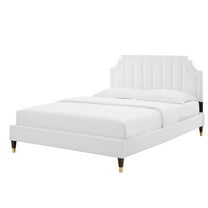 Platform Bed Frame, Queen Size, Velvet, White, Modern Contemporary Urban Design, Bedroom Master Guest Suite