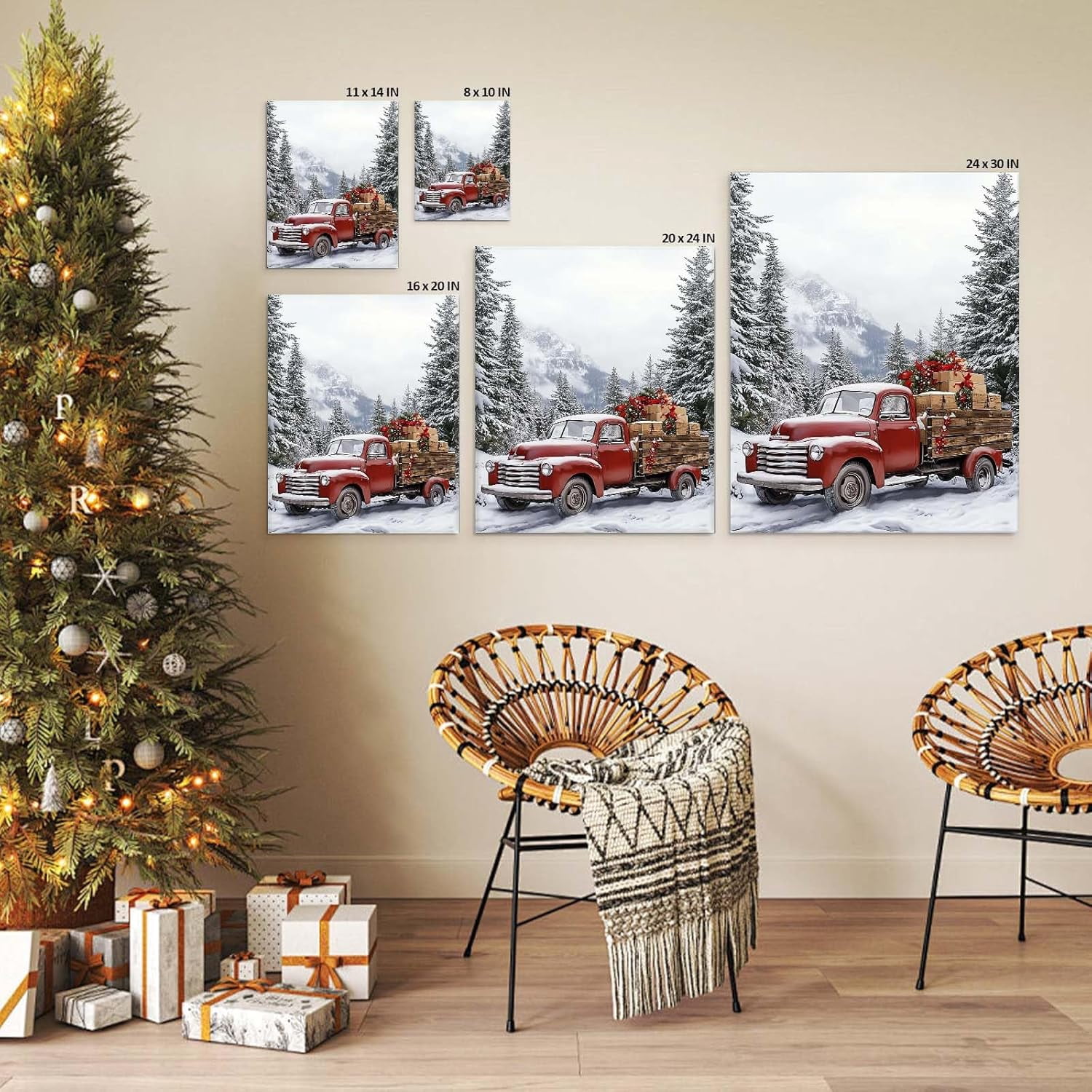 Christmas Canvas Wall Art Decor with Truck on Snowy Road, Gifts and Snow-Covered Pines, Holiday Canvas Print for Living Room and Bedroom, Festive Fixed Canvas for Winter Home Décor,24X30inch