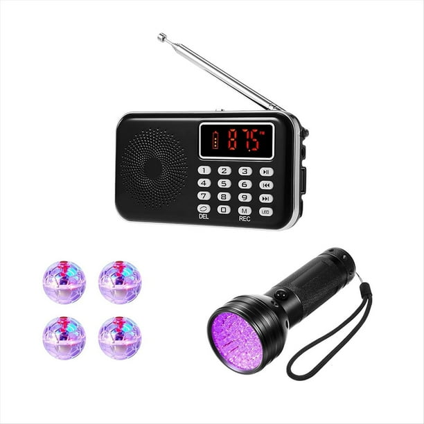 Kit de 6 Piezas: 1 Radio FM, 4 Bolas Luminosas para Gatos (Incluye Batería), 1 Linterna UV Negra para Investigación Paranormal.