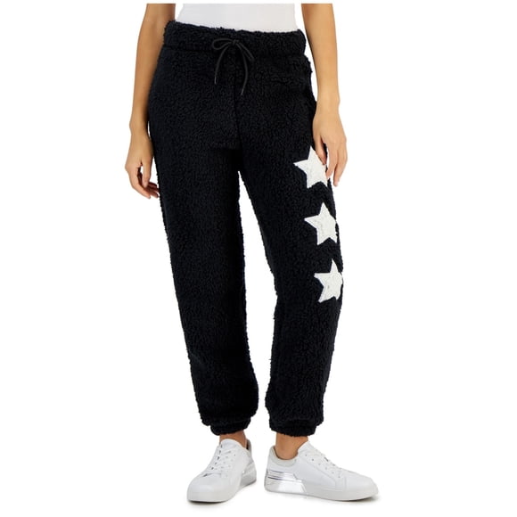 Crave Fame Womens Fleece Sherpa Patch Tapered Jogger Casual Pants, black, Juniors, S