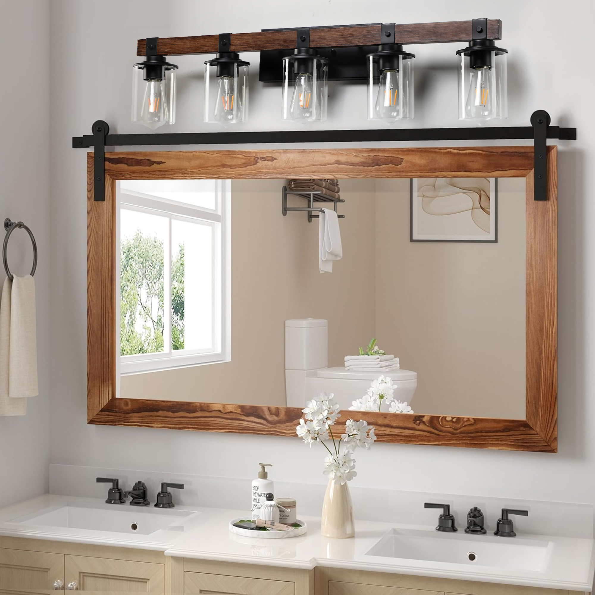 Leumius 5-Light Bathroom Vanity Light, Industrial Wall Sconce with Glass Shades and Wood Accent, Modern Farmhouse Lighting Fixture for Mirror, Bathroom, Bedroom and Hallway Walnut (No Bulbs)