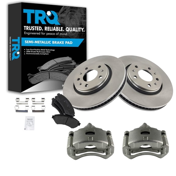 TRQ Front Brake Pad & Rotor Kit Brake Caliper Brake Pads Brake Rotor Semi-Metallic Vented Fits Select 2003-2004 Cadillac Seville