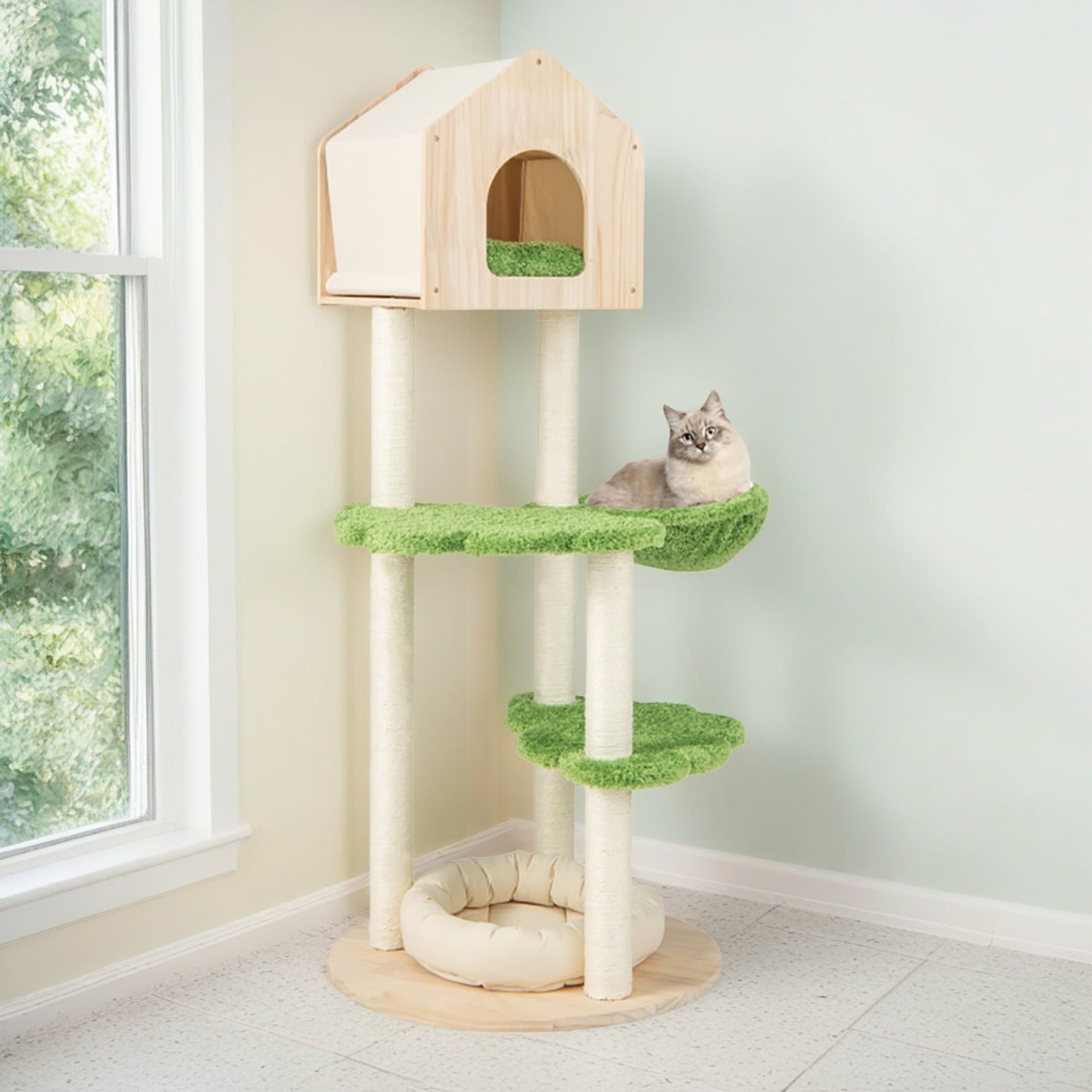 Pefilos 55" Cat Tree Condo for Multiple Cats Furniture Cat Tree House for Outdoor Cat Tower for Indoor Cats Large Pet Club, Beige