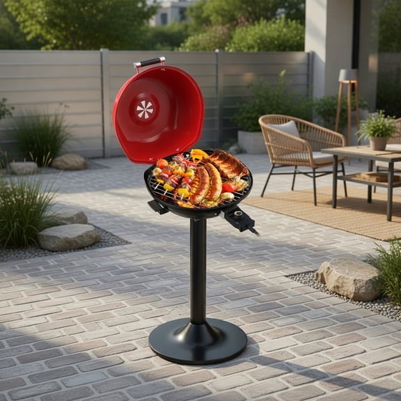 Resenkos Outdoor Patio Barbecue Cooker, Outdoor Grills,1600W Portable Electric BBQ Grill with Removable Non-Stick Rack-Black & Red