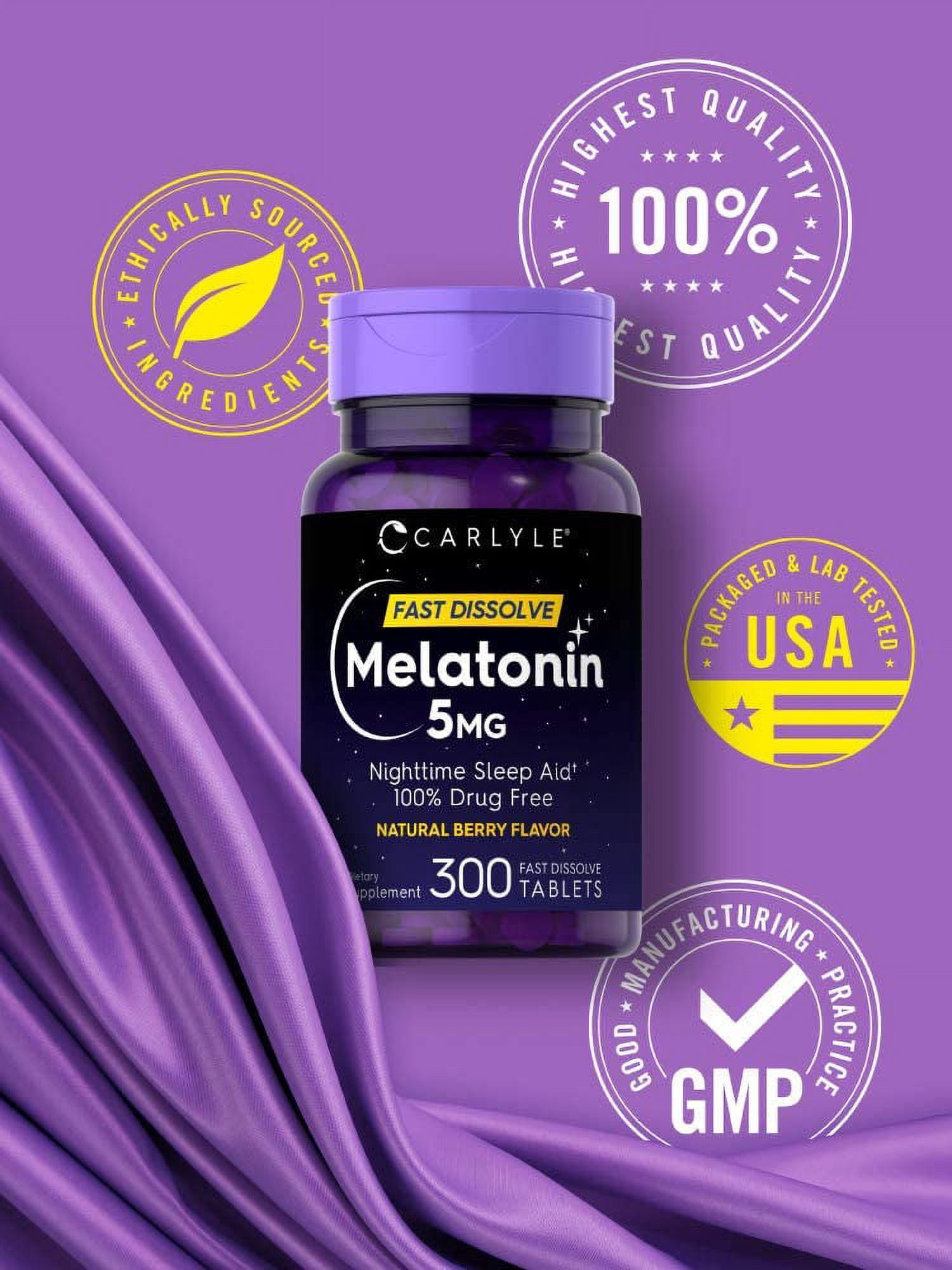 Melatonin 5mg | 300 Vegetarian Tablets | Berry Flavor for Men and Women | by Carlyle