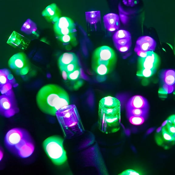 70 LED Purple and Green String Lights for Halloween Displays Party Decoration, 24', Indoor Outdoor Black Wire